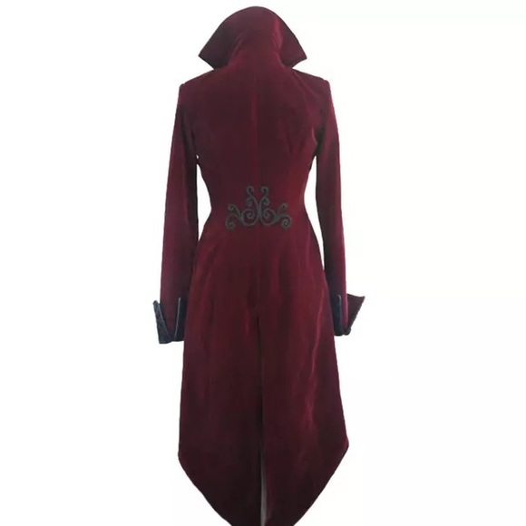 Devil Fashion Romantic Red Velvet Victorian Embroidered Steampunk Goth Jacket - Picture 3 of 9